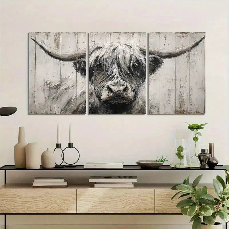 3pcs Hand-Painted Highland Cow Portrait Metal Print Ready to Hang Art