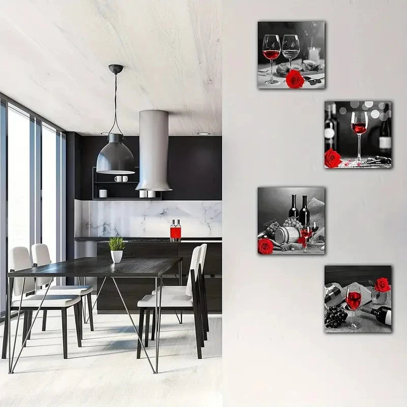 4pcs  Featuring Red Wine, Black And White Modern Wall Art Canvas Framed