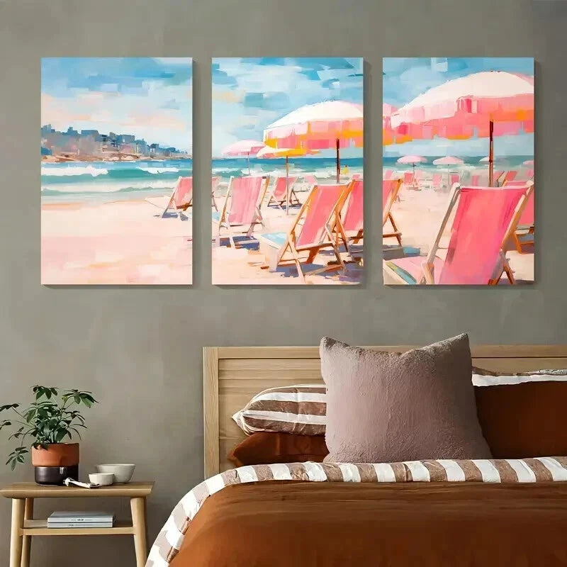 3pcs Umbrella Tents in Beach Decoration Wall Art Set Canvas Framed 40x60cm - High Quality Print 100% Australian Made Wall Canvas Ready to Hang
