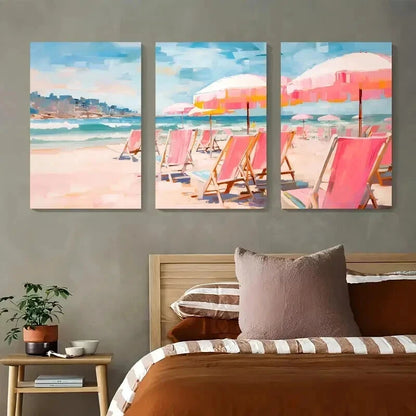 3pcs Umbrella Tents in Beach Decoration Wall Art Set Canvas Framed 40x60cm - High Quality Print 100% Australian Made Wall Canvas Ready to Hang