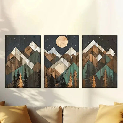 3pcs wooden mountains with pine trees Wall Art Canvas Unframed - High Quality Print 100% Australian Made Wall Canvas