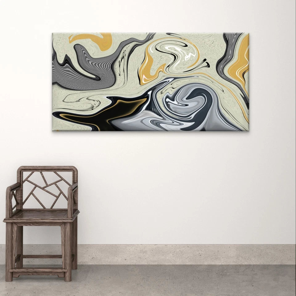 Modern Abstract Monochrome and Gold Wall Art Canvas Office Home Framed 120x60cm