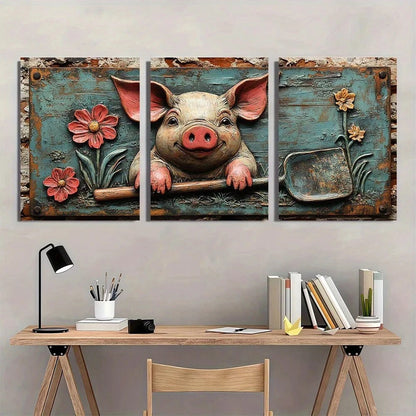 3pcs Rustic Pig Vintage Shovel & Flowers Metal Print Ready to Hang Art