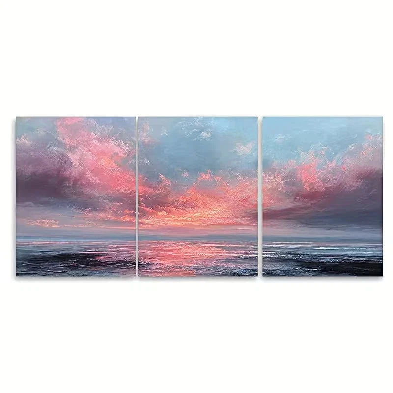 3pcs Pink Sky & Lake Landscape Coastal Wall Art Set Canvas Framed 60x90cm – High Quality Print 100% Australian Made Wall Canvas Ready to Hang