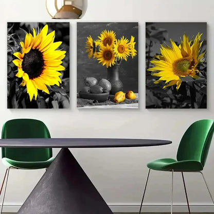 3pcs Black and White Paintings Modern Sunflowers Metal Print Ready to Hang Art