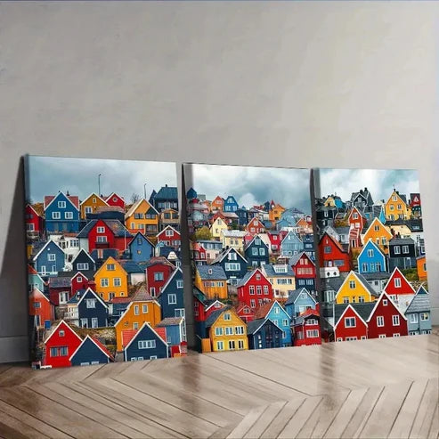 3pcs Colorful Houses Painting Decor Wall Art Set Canvas Unframed - High Quality Print 100% Australian Made Wall Canvas