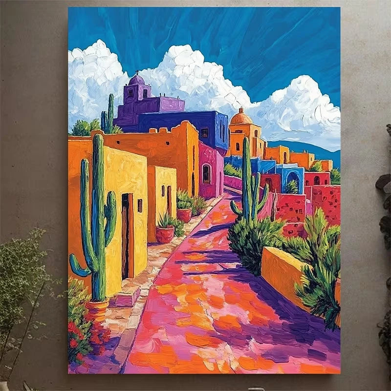 Colorful Adobe Buildings & Cacti 60x90cm Metal Print Ready to Hang
