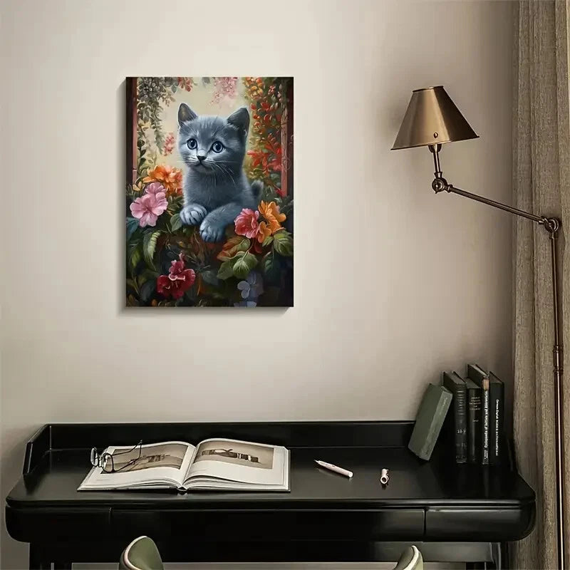 Cute Russian Blue Kitten with Vibrant Flowers  40x60cm Metal Print Ready to Hang
