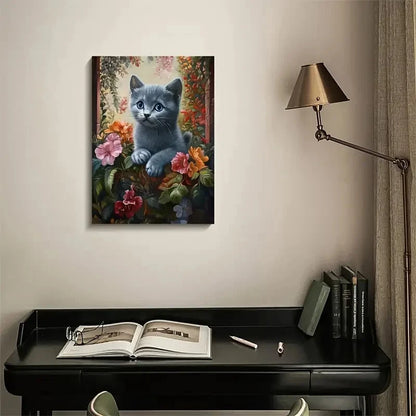 Cute Russian Blue Kitten with Vibrant Flowers  40x60cm Metal Print Ready to Hang