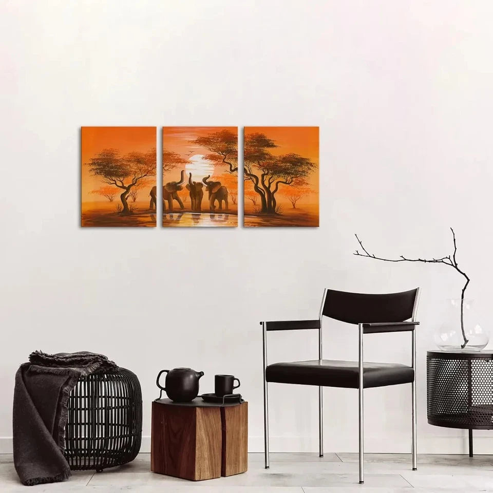 3pcs Vintage African Elephant Sunset Forest Metal Print Ready to Hang Art