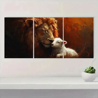 3pcs Lion and Lamb Light Brown Metal Print Ready to Hang Art