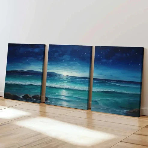 3pcs Natural Sea View At Night Starry Sky Wall Art Set Canvas Unframed - High Quality Print 100% Australian Made Wall Canvas
