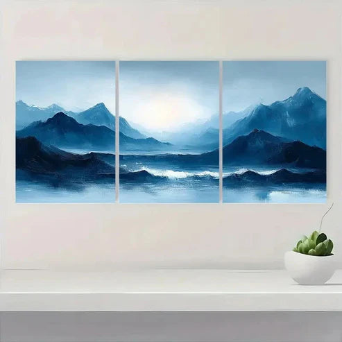 3pcs Blue Gray Pastel Abstract Mountain & Sea Wall Art Set Canvas Unframed - High Quality Print 100% Australian Made Wall Canvas