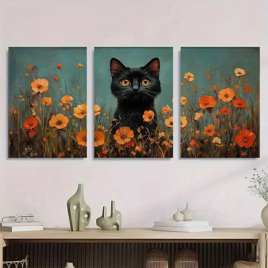 3pcs Black Cat Floral Vibrant Nature Metal Print Ready to Hang Art