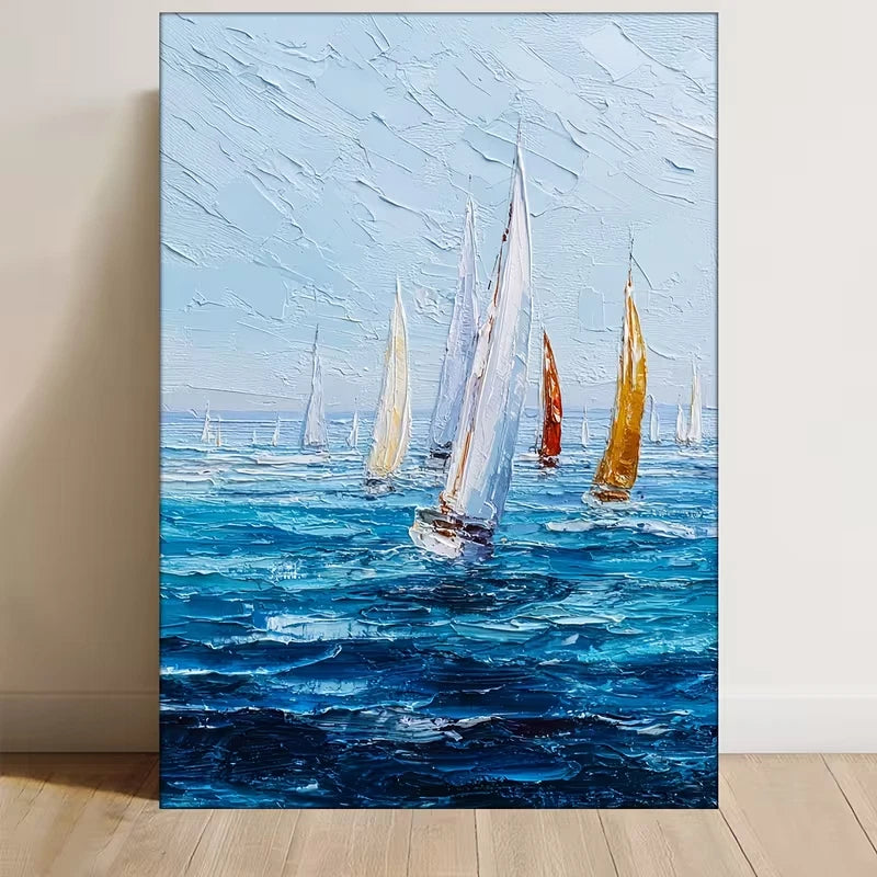 Ocean Seascape with White, Yellow, Red Sailboats  60x90cm Metal Print Ready to Hang