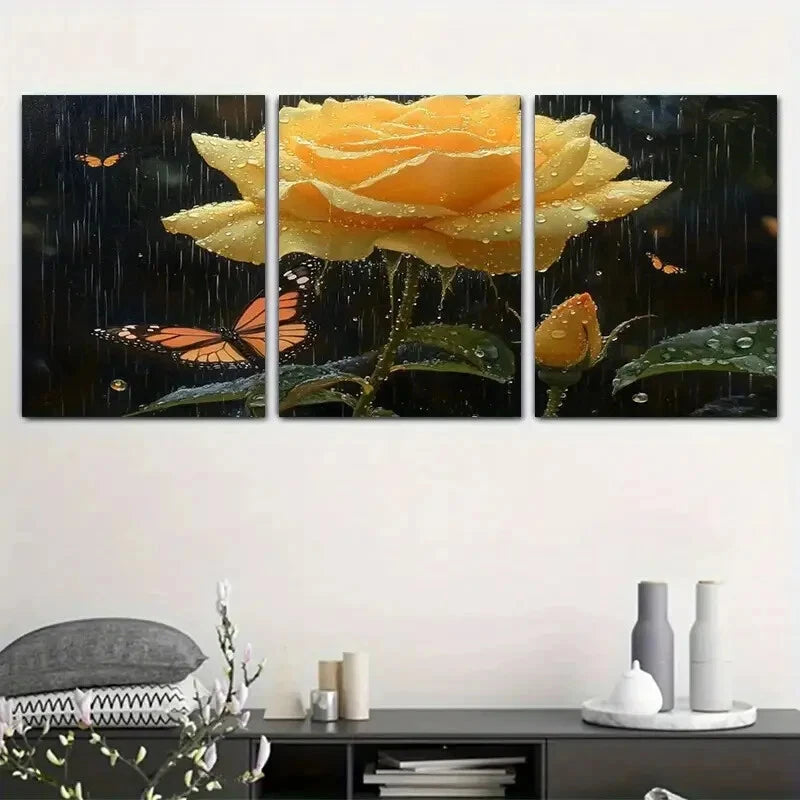 3pcs Butterfly And Rose Yellow Metal Print Ready to Hang Art