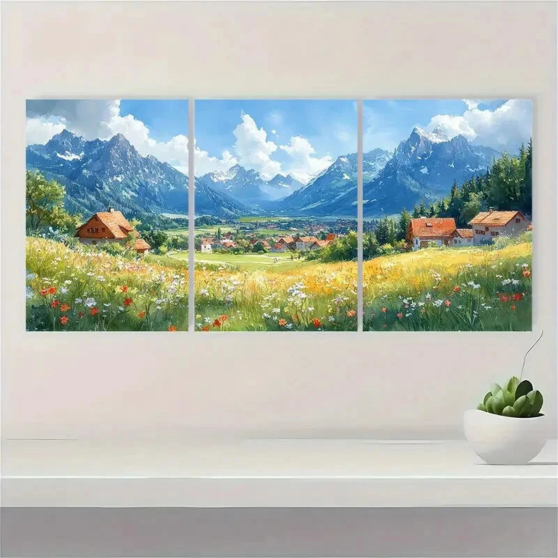 3pcs European Countryside Mountain Landscape Metal Print Ready to Hang Art