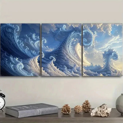 3pcs blue and white waves Wall Art Set Canvas Unframed - High Quality Print 100% Australian Made Wall Canvas