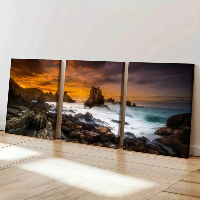 3pcs Cantabrian Coast at Sunset Natural Wall Art Set Canvas Framed 40x60cm - High Quality Print 100% Australian Made Wall Canvas Ready to Hang