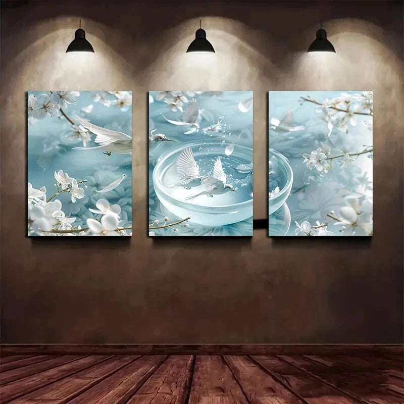 3pcs Peaceful Dove with Cherry Blossoms Metal Print Ready to Hang Art