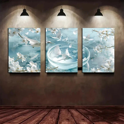 3pcs Peaceful Dove with Cherry Blossoms Metal Print Ready to Hang Art