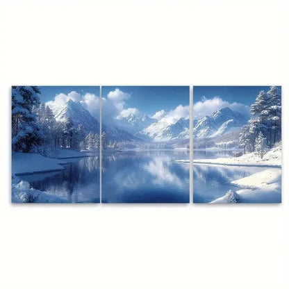 3pcs Snowy Lake Mountains CZ   Wall Art Set Canvas Framed 50x70cm - High Quality Print 100% Australian Made Wall Canvas Ready to Hang