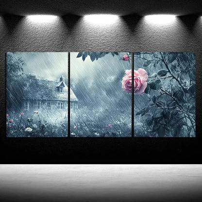 3pcs Rose in the Rain Farmhouse Metal Print Ready to Hang Art