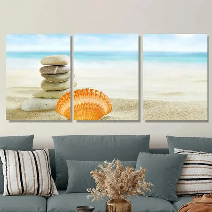 3pcs Beach Zen Stone Stack and Seashell Metal Print Ready to Hang Art