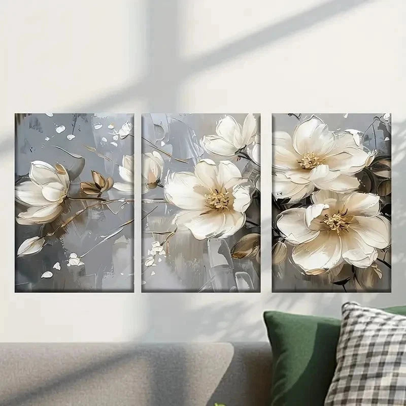 3pcs White Flowers on Gray Background Wall Art Set Canvas Framed 40x60cm - High Quality Print 100% Australian Made Wall Canvas Ready to Hang