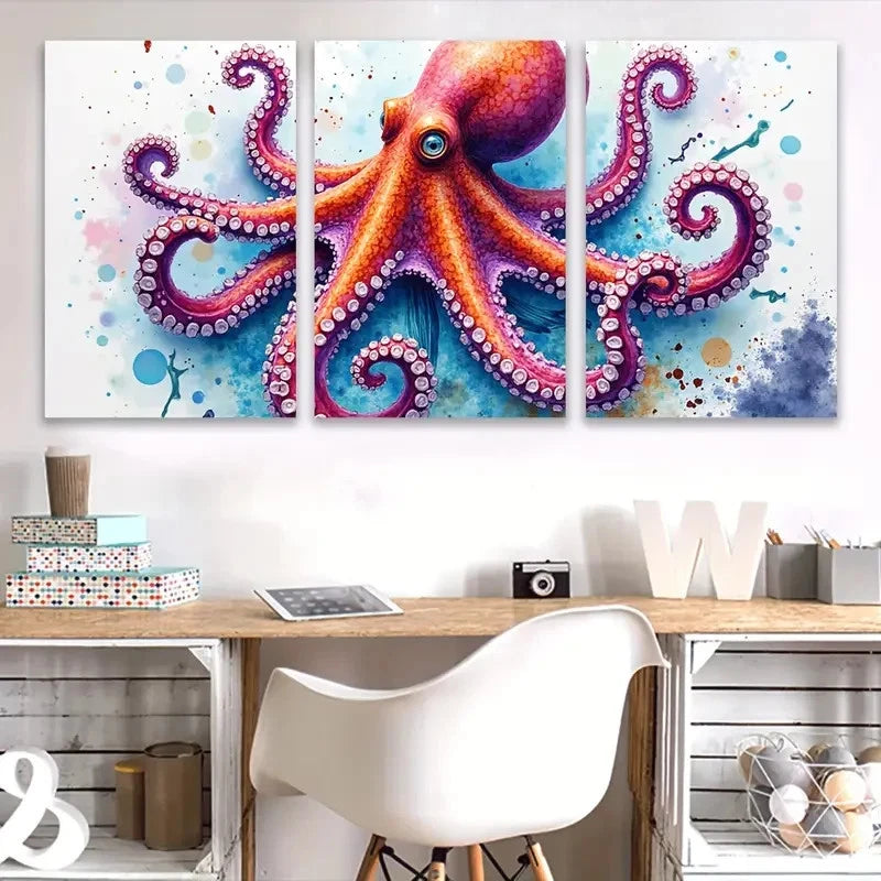 3pcs Octopus Watercolor Scene Wall Art Set Canvas Framed 50x70cm - High Quality Print 100% Australian Made Wall Canvas Ready to Hang
