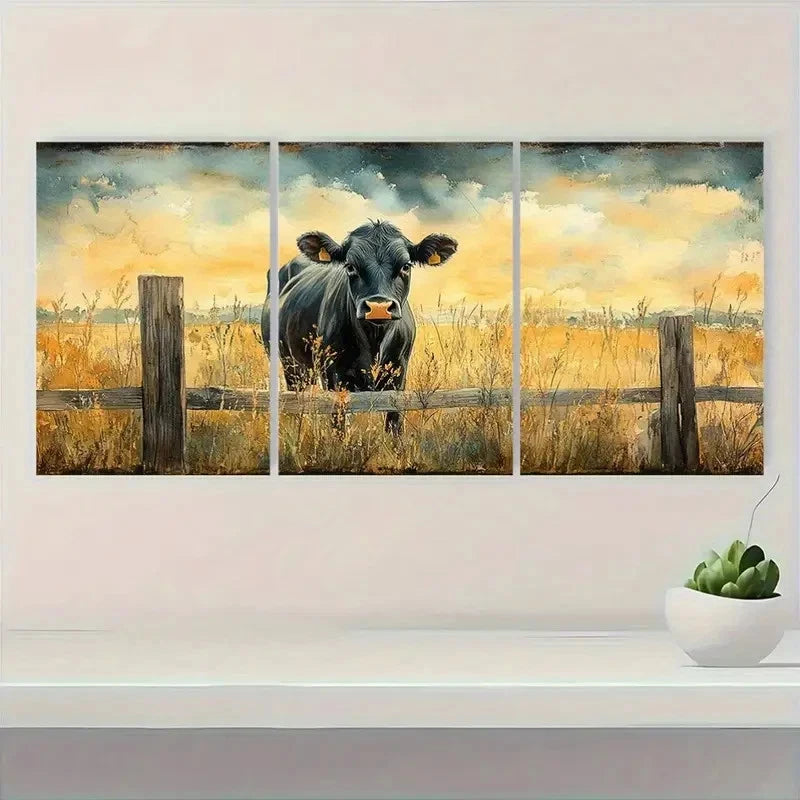 3pcs Black Cow Watercolor TY Wall Art Set Canvas Framed 50x70cm - High Quality Print 100% Australian Made Wall Canvas Ready to Hang