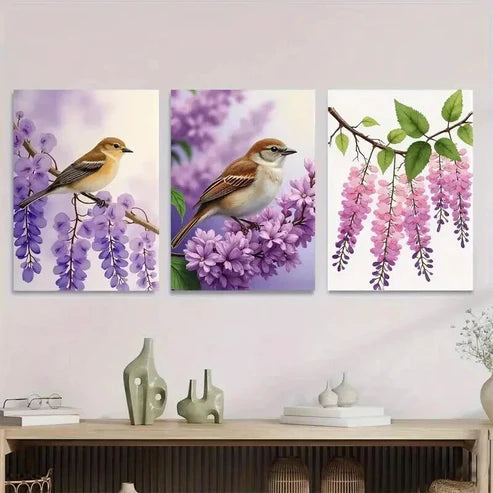 3pcs Beautiful Bird and Flower Purple Floral Wall Art Canvas Unframed - High Quality Print 100% Australian Made Wall Canvas