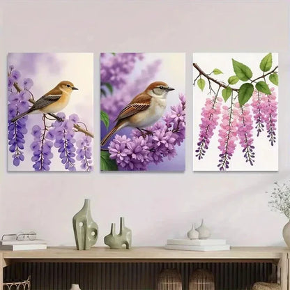 3pcs Beautiful Bird and Flower Purple Floral Wall Art Canvas Unframed - High Quality Print 100% Australian Made Wall Canvas