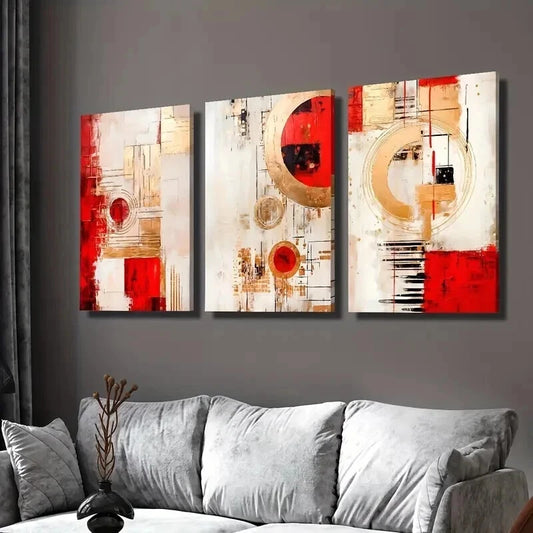 3pcs Modern Luxury Red Abstract Geometry Wall Art Set Canvas Framed 40x60cm - High Quality Print 100% Australian Made Wall Canvas Ready to Hang