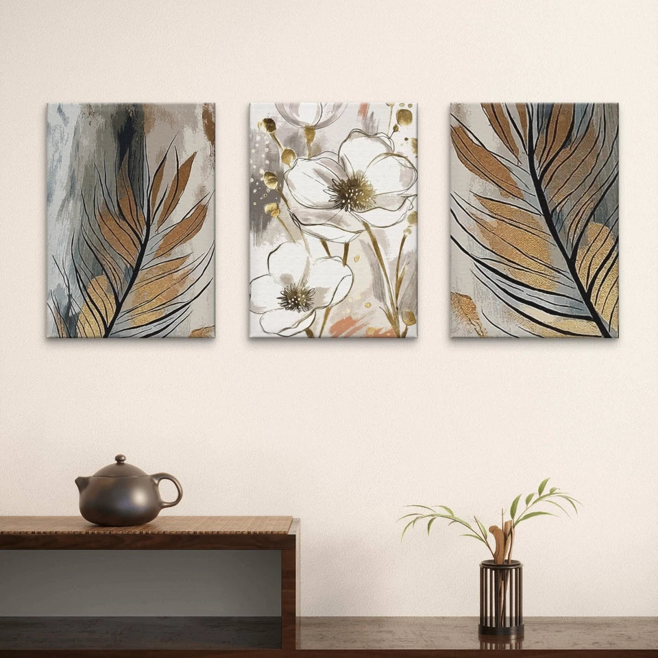 3pcs Modern Abstract White Floral and Feathers Wall Art Set Canvas Framed 40x60cm - High Quality Print 100% Australian Made Wall Canvas Ready to Hang