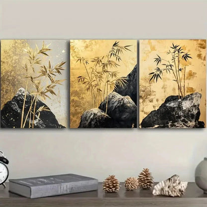 3pcs Golden Bamboo Triptych Painting Wall Art Set Canvas Framed 50x70cm - High Quality Print 100% Australian Made Wall Canvas Ready to Hang