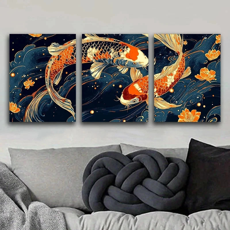 3pcs Featuring Koi Fish Golden Blue Metal Print Ready to Hang Art