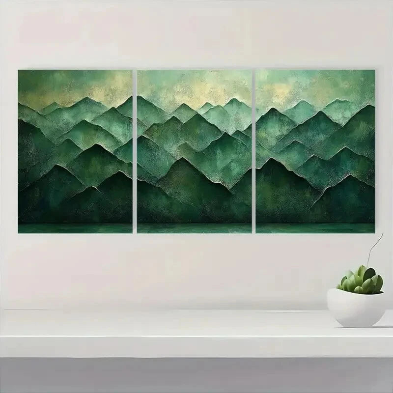 3pcs Modern Geometric Green Mountain Metal Print Ready to Hang Art