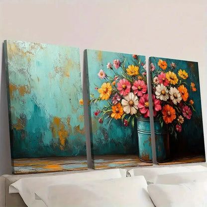 3pcs Vibrant Bouquet Vintage Flowers Wall Art Set Canvas Framed 40x60cm - High Quality Print 100% Australian Made Wall Canvas Ready to Hang