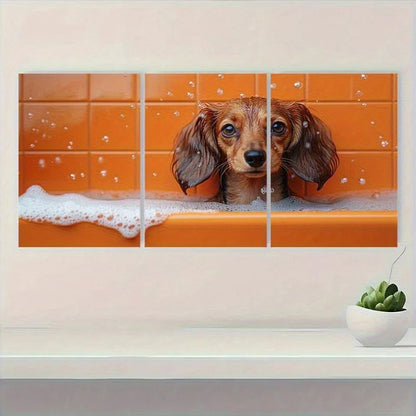 3pcs Dog Dachshund in Bathtub Metal Print Ready to Hang Art