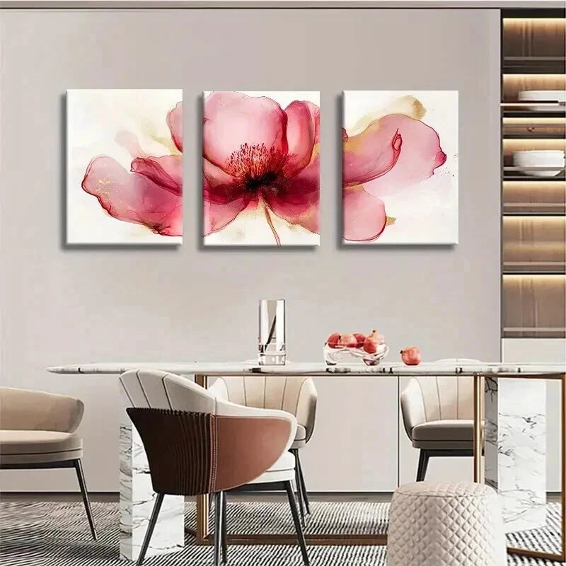 3pcs Modern Red Floral Elegant Golden Accents Wall Art Set Canvas Framed 40x60cm - High Quality Print 100% Australian Made Wall Canvas Ready to Hang