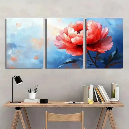 3pcs Blue & Orange Peony Floral Background Wall Art Canvas Unframed - High Quality Print 100% Australian Made Wall Canvas