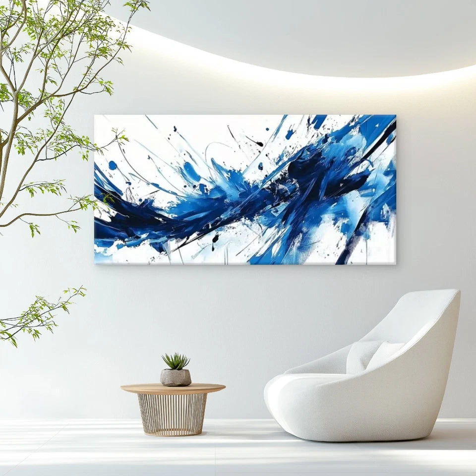Blue & White Strokes Abstract Wall Art Canvas Office Home Room Framed 120x60cm