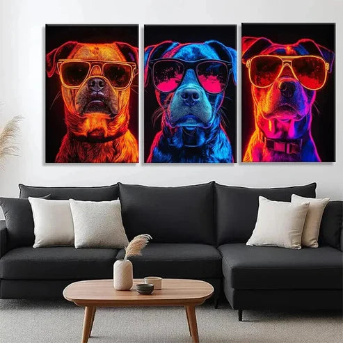3pcs Stylish Dogs in Neon Fashion Glasses Art Set Canvas Unframed - High Quality Print 100% Australian Made Wall Canvas