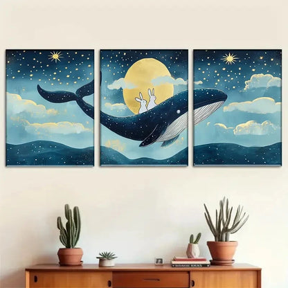 3pcs Rabbits Riding a Majestic Whale Perfect Wall Art Set Canvas Framed 40x60cm - High Quality Print 100% Australian Made Wall Canvas Ready to Hang