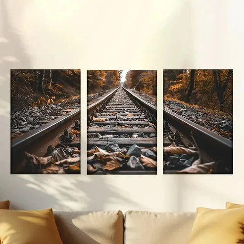 3pcs Railway covered with fallen leaves Wall Art Canvas Unframed - High Quality Print 100% Australian Made Wall Canvas