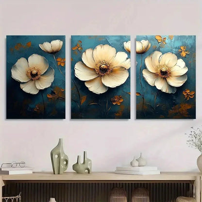 3pcs Modern Elegant Golden & White Floral Metal Print Ready to Hang Art