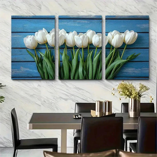 3pcs Elegant White Tulips Spring Flowers Perfect Wall Art Set Canvas Framed 60x90cm - High Quality Print 100% Australian Made Wall Canvas Ready to Hang