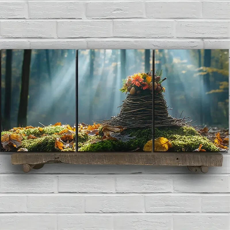 3pcs Autumn Forest Scene with Floral Hat Metal Print Ready to Hang Art