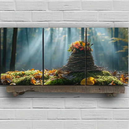 3pcs Autumn Forest Scene with Floral Hat Metal Print Ready to Hang Art